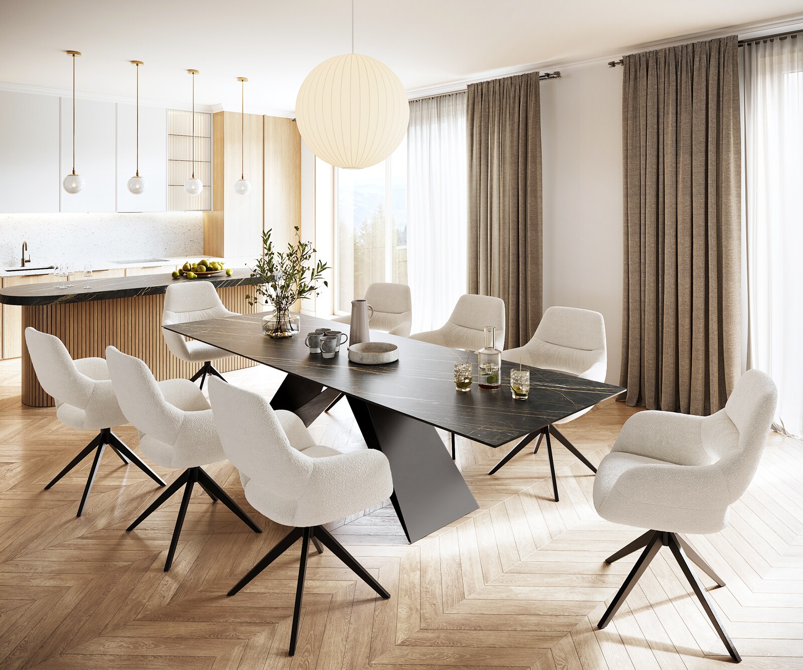 Eettafel Edge 300x100cm Laminam® keramiek bruin V-middenpoot zwart 6