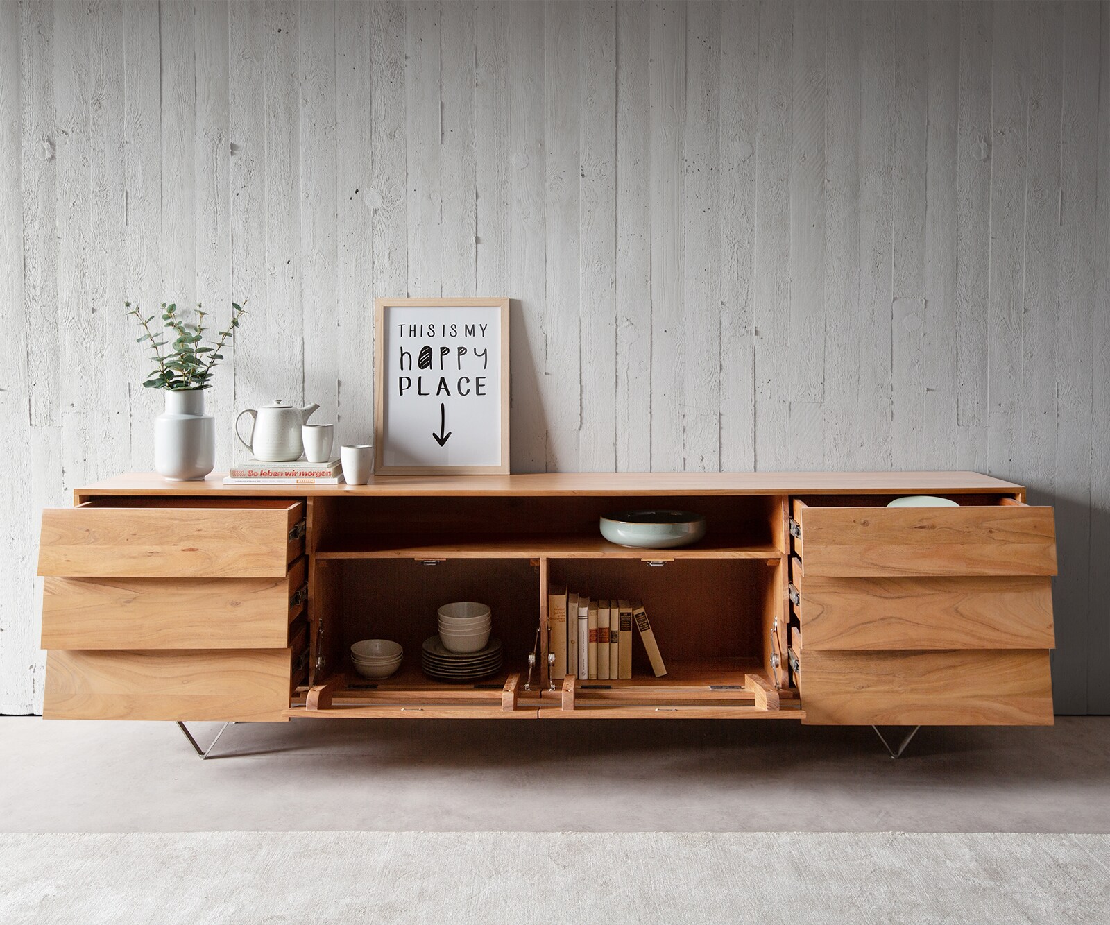 Dressoir Eloi Acacia Natuur 240x40 cm 2 Deuren 6 Laden V-Poot RVS 3