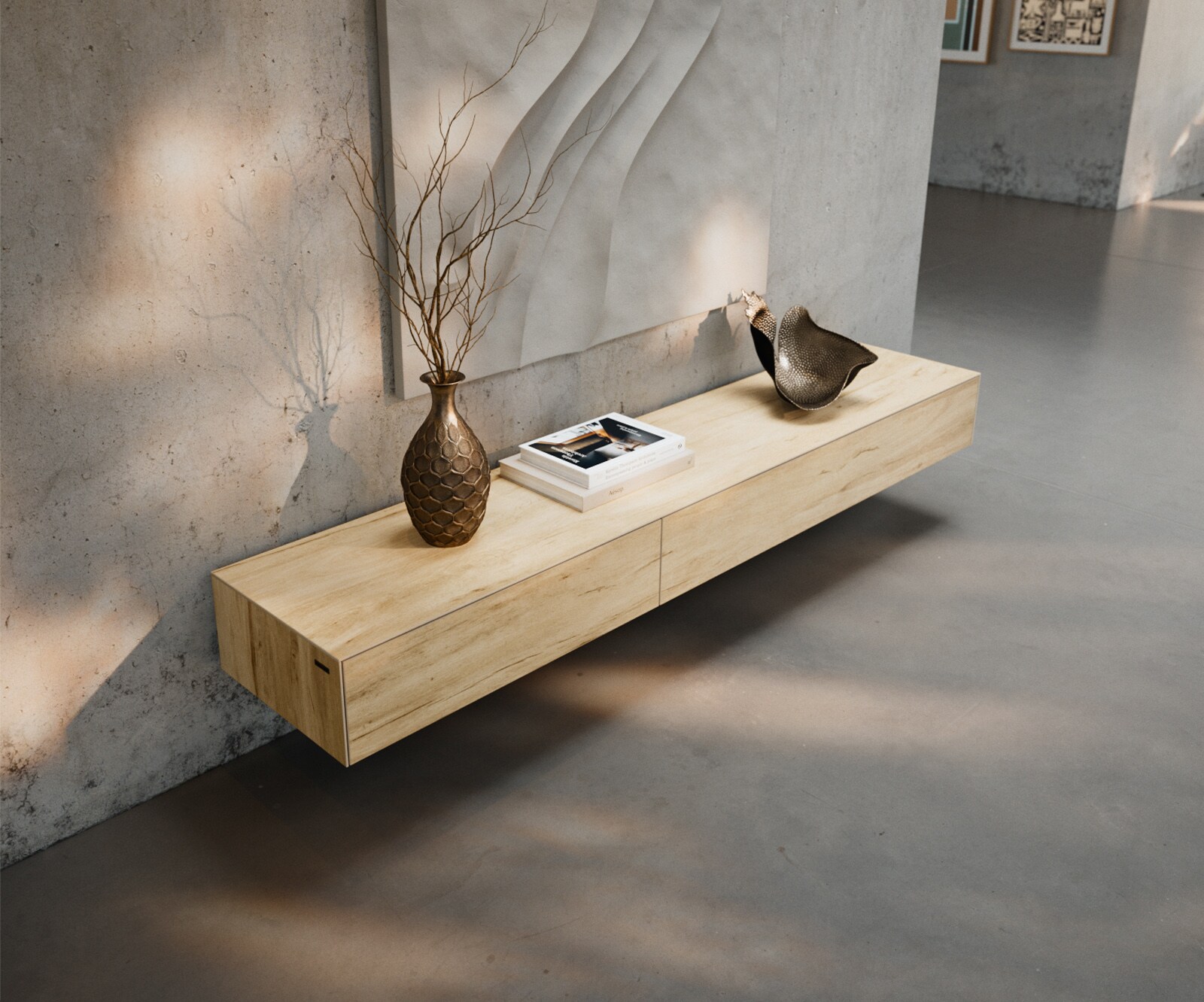 Tv-meubel Cuor 200 cm Keramiek Laminam® Sabbia Eiken gekleurd 1 Flap 1 Lade Zwevend 3