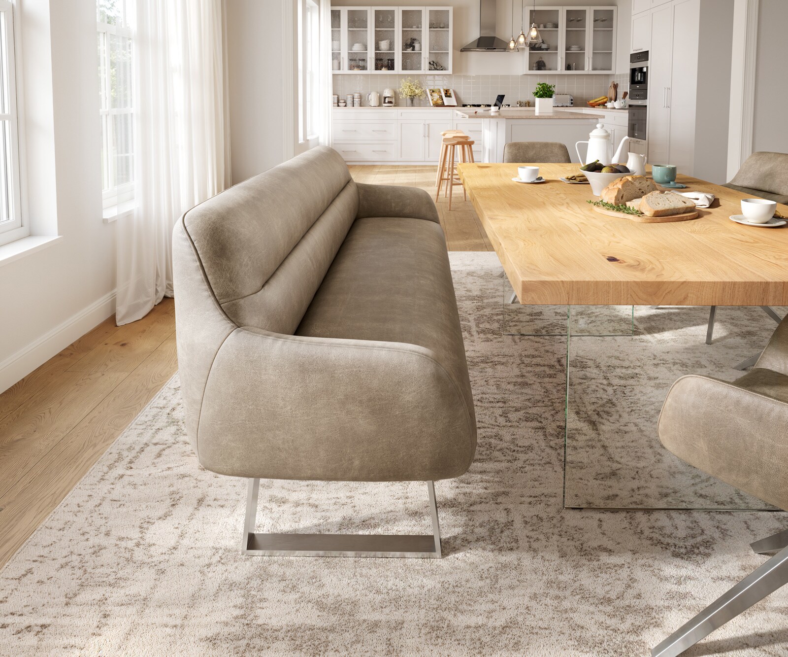 Eetkamerbank Taya-Flex 200 cm microvelours beige vintage gekant sledeframe roestvrij staal pocketvering 1