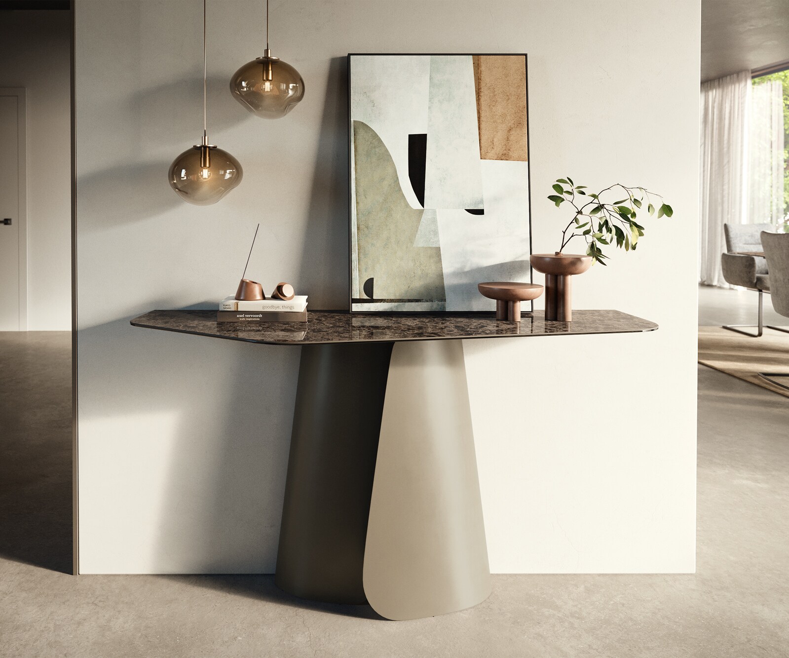 Consoletafel Edge Polygonaal 140x50 cm Keramiek Emperador Extra Lucidato Dunkelbraun Livos Metaal Effektfinish Titan
