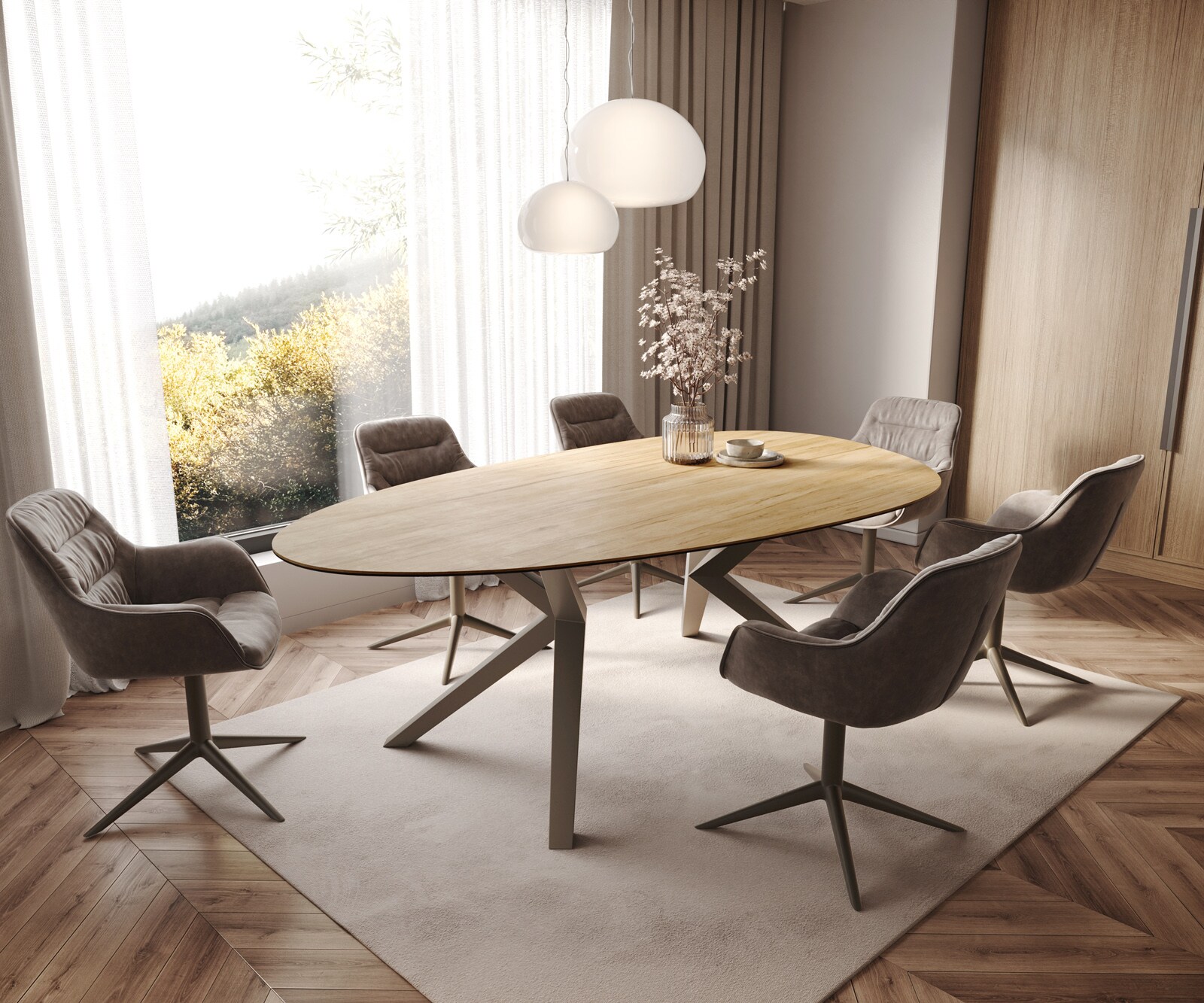 Eetkamertafel Edge ovaal 220x120 keramiek Laminam® Sabbia eiken kleur Zenthara hoekig metaal effectafwerking titaan 6