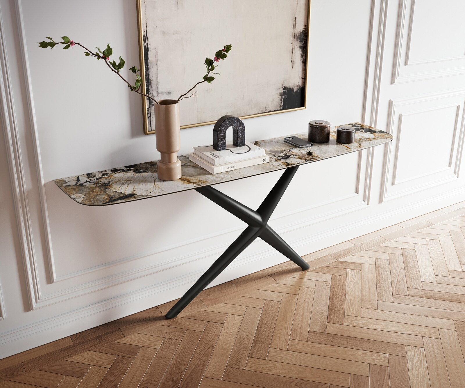 Consoletafel Edge Bootvorm 180x40 cm Keramiek Patagonia Poliert Estelo Metaal Zwart 4