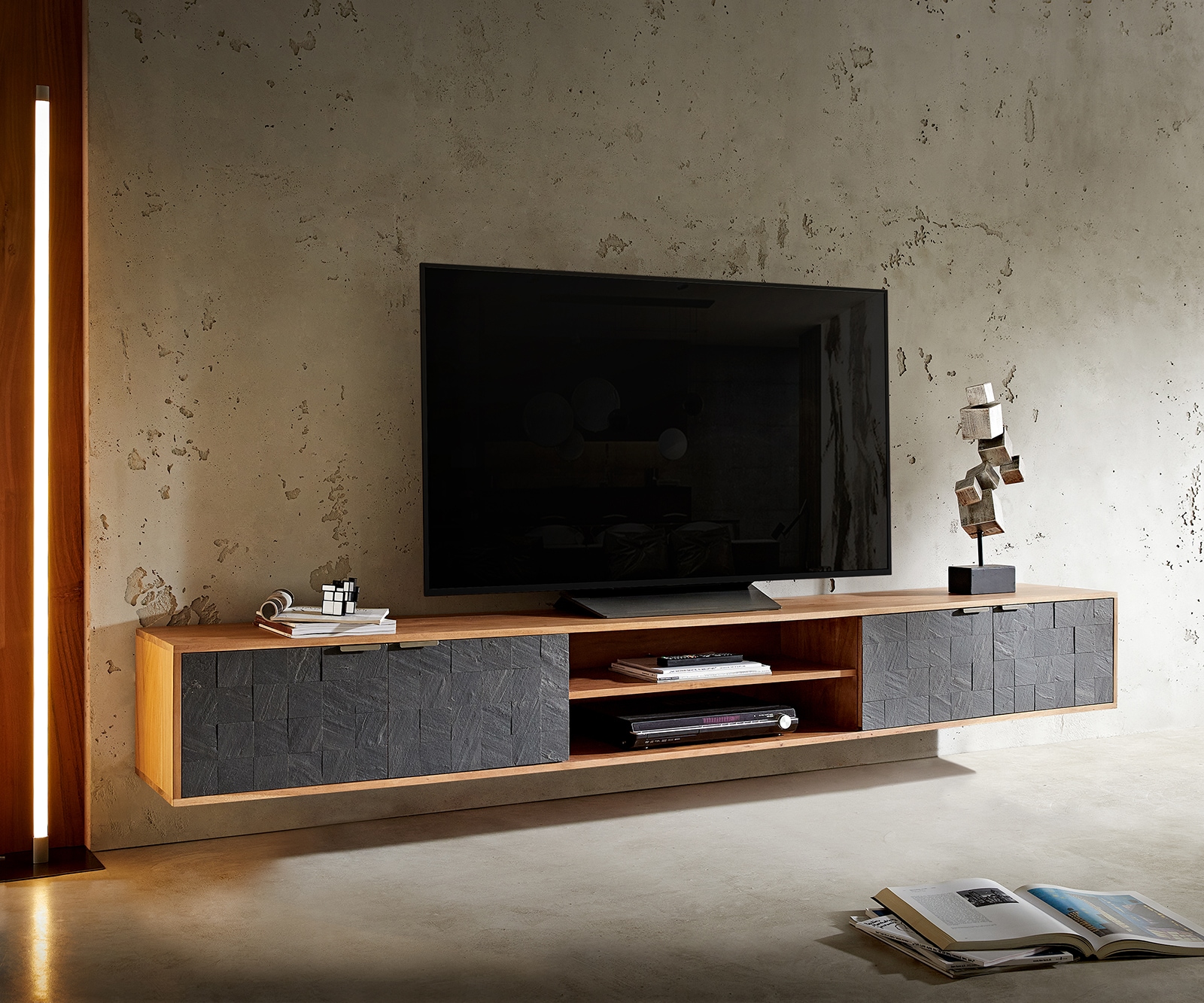 Tv-meubel Teele 240 cm acacia natuurleisteen 4 deurs zwevend Tv-meubel Teele 240 cm acacia natuurleisteen 4 deurs zwevend