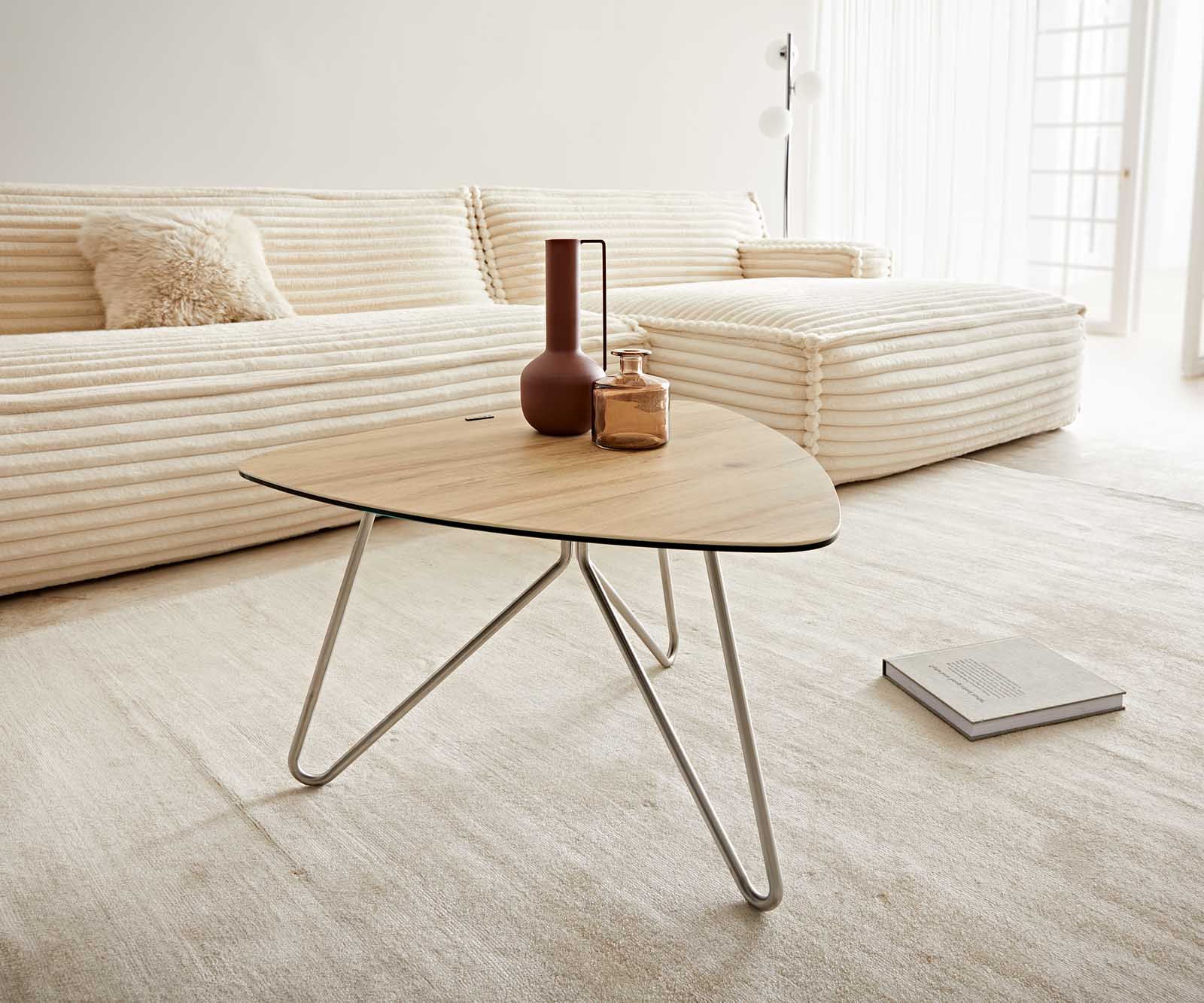 Salontafel Ekrem 65x65 cm keramiek Laminam® Sabbia Eikenkleur Kruisvoet rond roestvrij staal