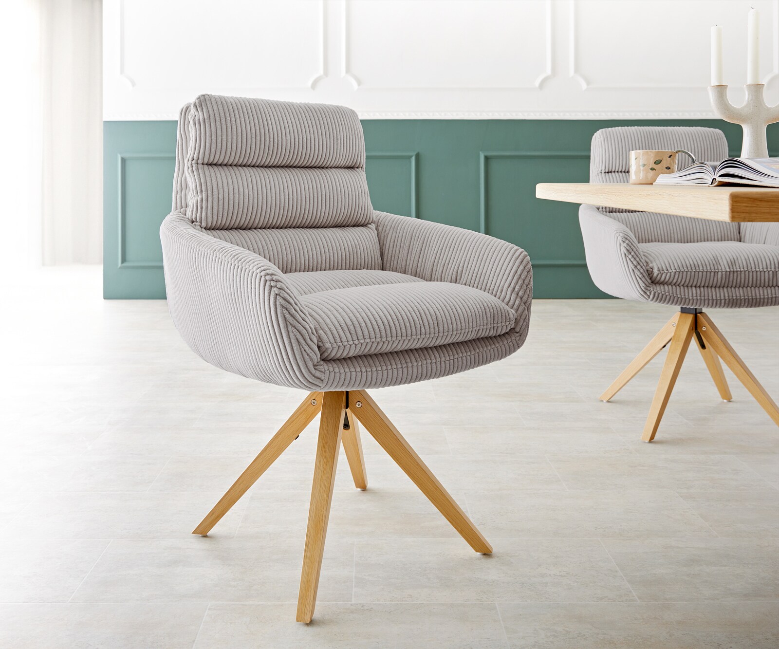 Eetkamerstoel Abelia-Flex met armleuning koord zilver grijs houten frame hoekig natuur Eetkamerstoel Abelia-Flex met armleuning koord zilver grijs houten frame hoekig natuur