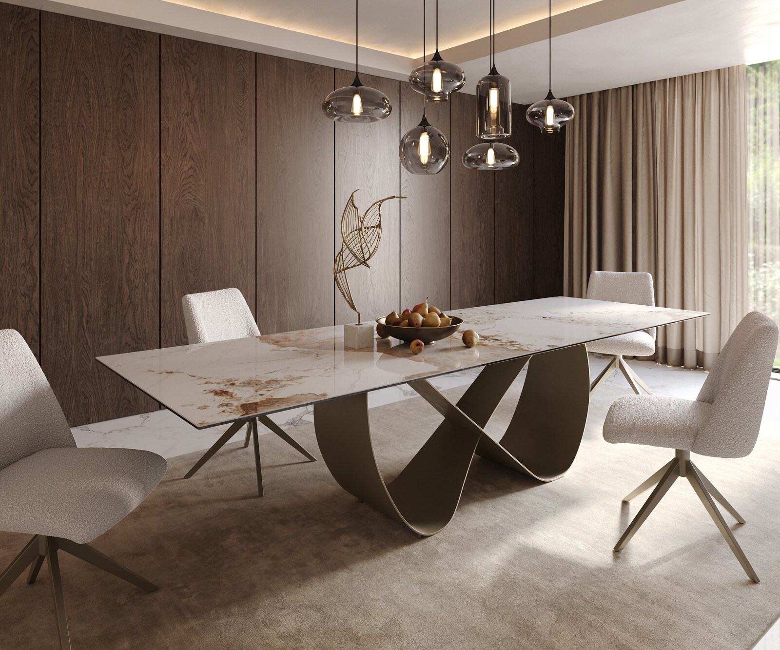 Eettafel Edge 300x100cm keramiek Minas Melange wit-beige Infinity metaal effect afwerking titanium