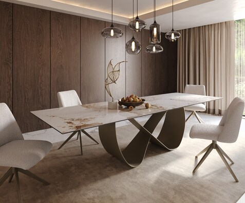 Eettafel Edge 300x100cm keramiek Minas Melange wit-beige Infinity metaal effect afwerking titanium