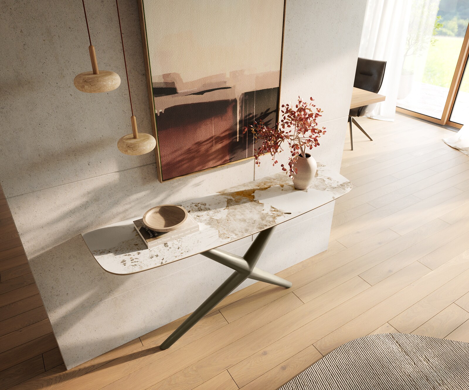 Consoletafel Edge Bootvorm 140x40 cm Keramiek Minas Melange Weiß-Beige Estelo Metaal Effektfinish Titan 2