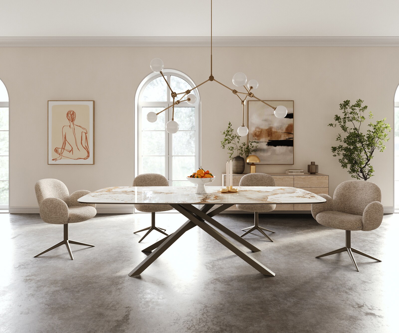 Eettafel Edge Boot 240x120 cm Keramiek Minas Melange Wit-Beige kruisonderstel Rechthoek Effectafwerking Titan 1