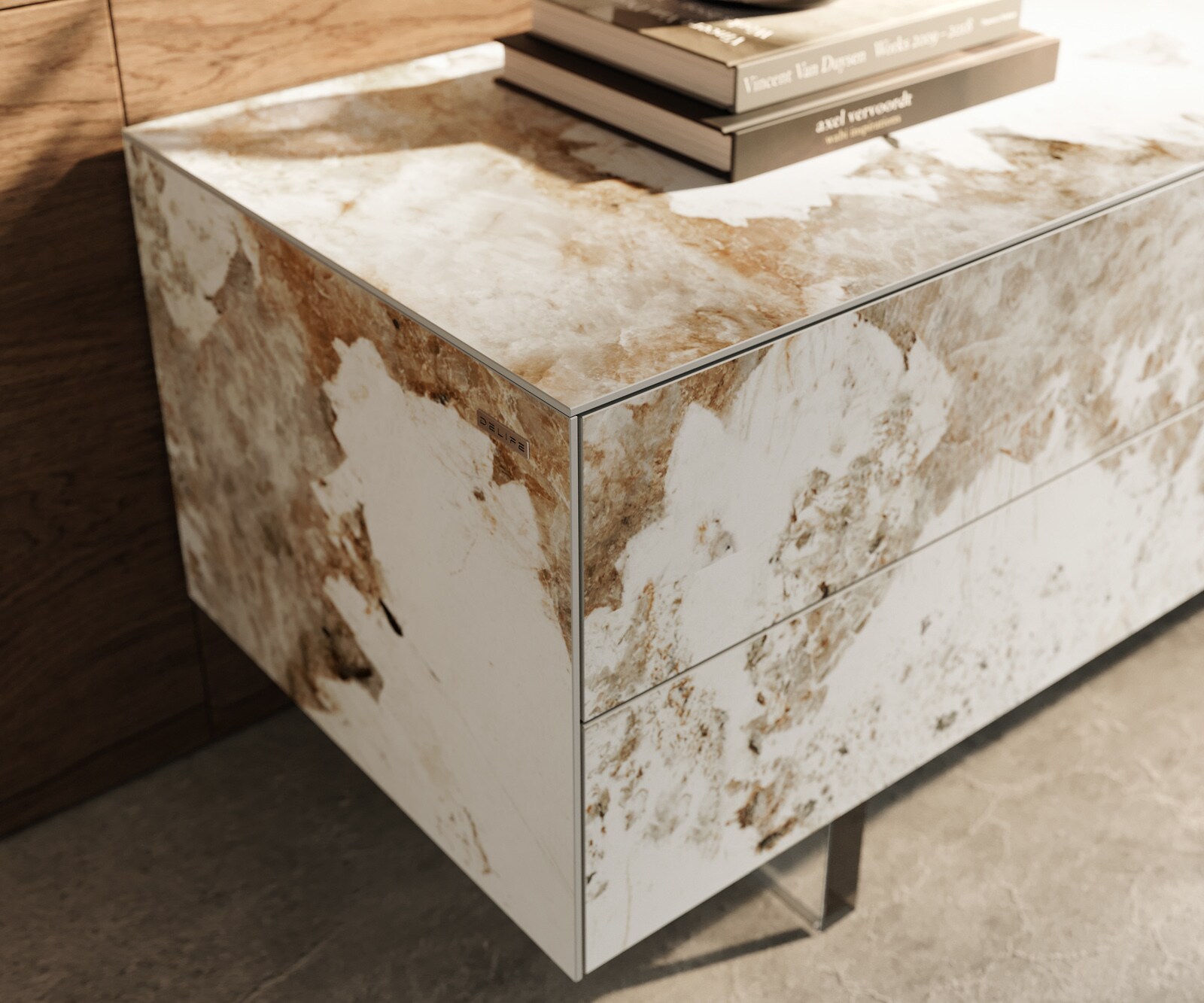 Tv-meubel Cuor 180 cm Keramiek Minas Melange Wit-beige 1 Flap 2 Laden Zwevende voet look Acrylglas 5
