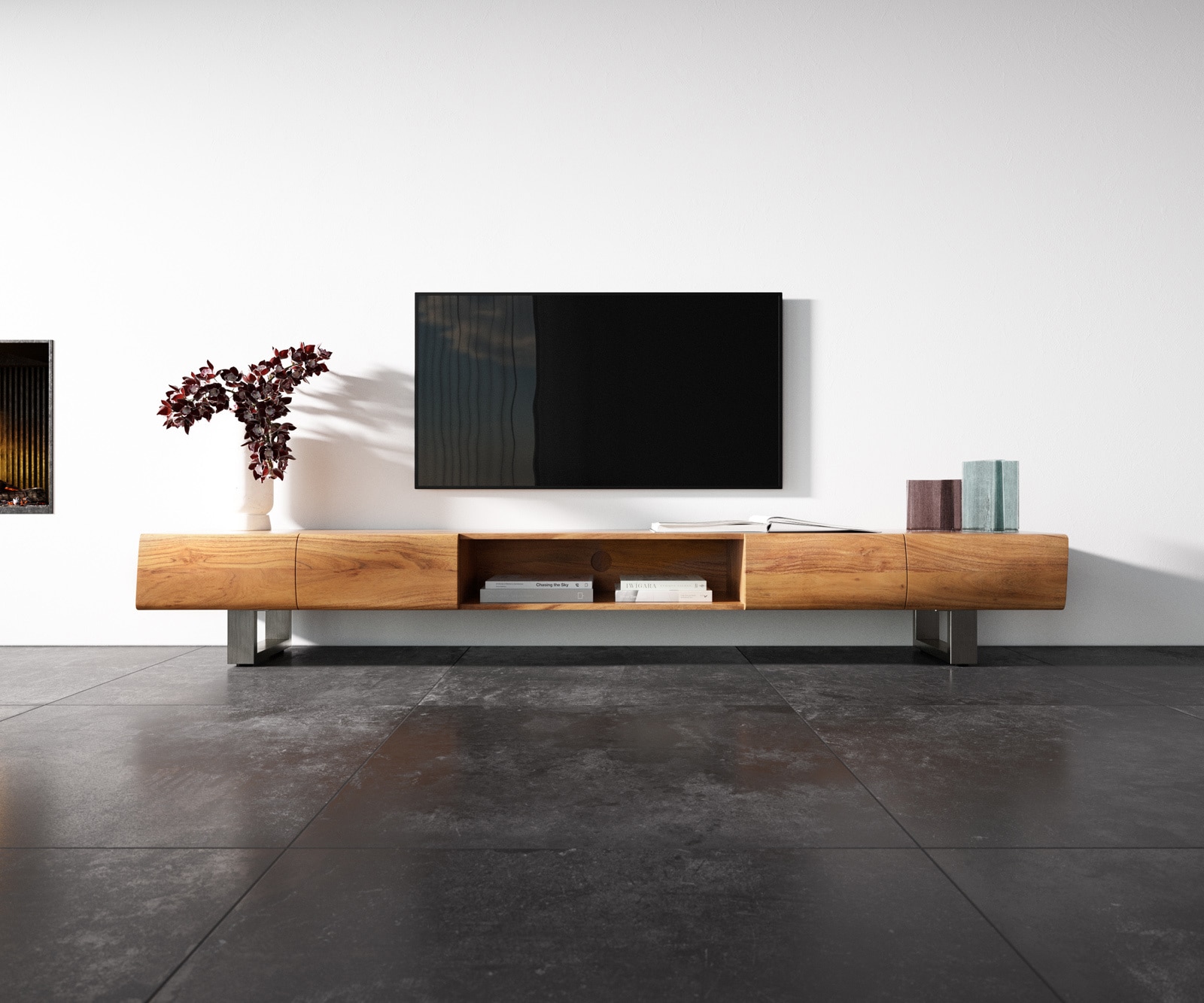 Tv-meubel New Live-Edge 240 cm acacia natuur 4 deuren 1 vak sledepoten roestvrij staal geborsteld 3 Tv-meubel New Live-Edge 240 cm acacia natuur 4 deuren 1 vak sledepoten roestvrij staal geborsteld 3