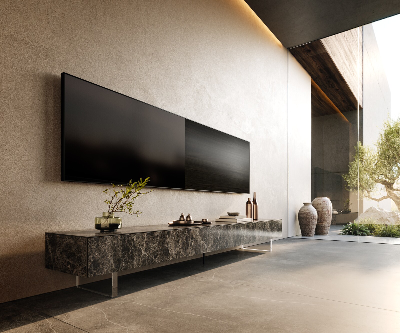 Tv-meubel Cuor 250 cm Keramiek Laminam® Emperador Extra Lucidato Donkerbruin 1 Flap 1 Lade Zwevende voet look Acrylglas 1