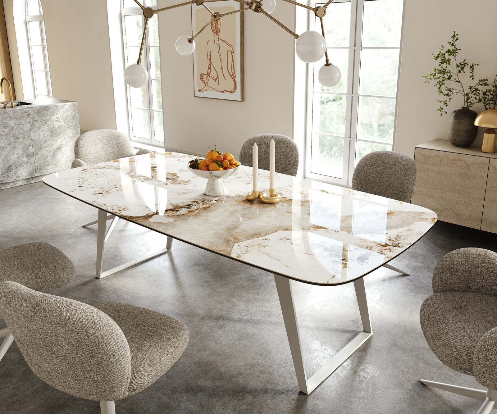 Eettafel Edge Boot 240x120 cm Keramiek Minas Melange Wit-Beige Metaal Schräg Wit