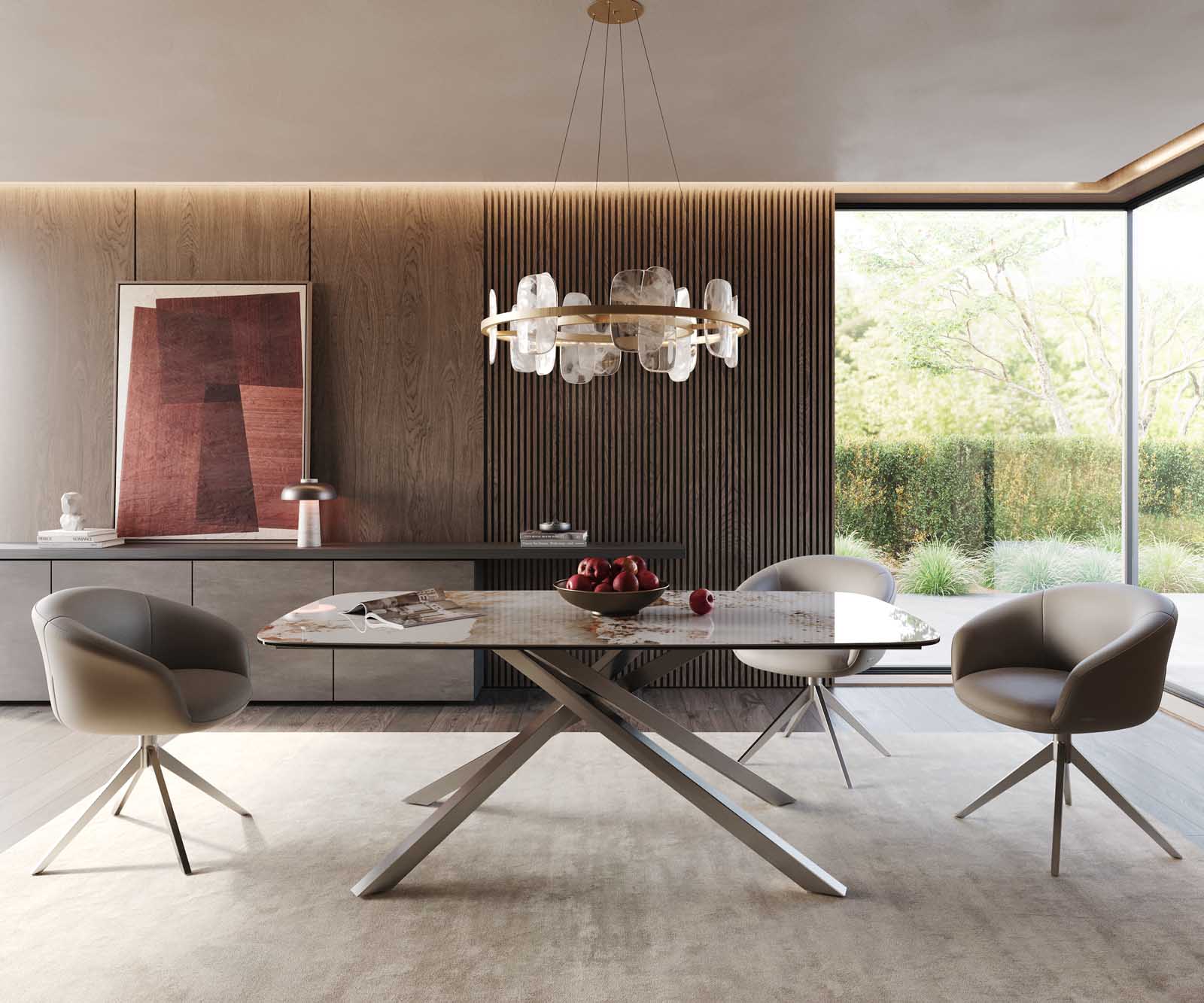 Eetkamertafel Edge Boot 200x100 keramiek Minas Melange wit-beige kruisframe rechthoek RVS 1