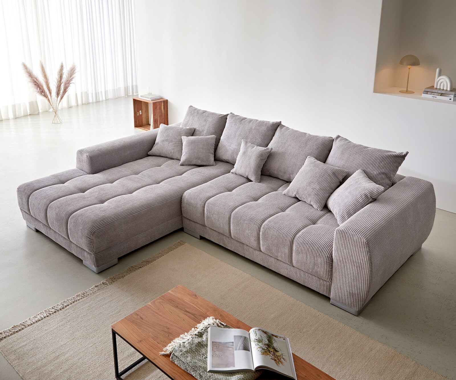 Bank Josea Cord zilvergrijs 300x220 cm voetenbank links hoekbank 3