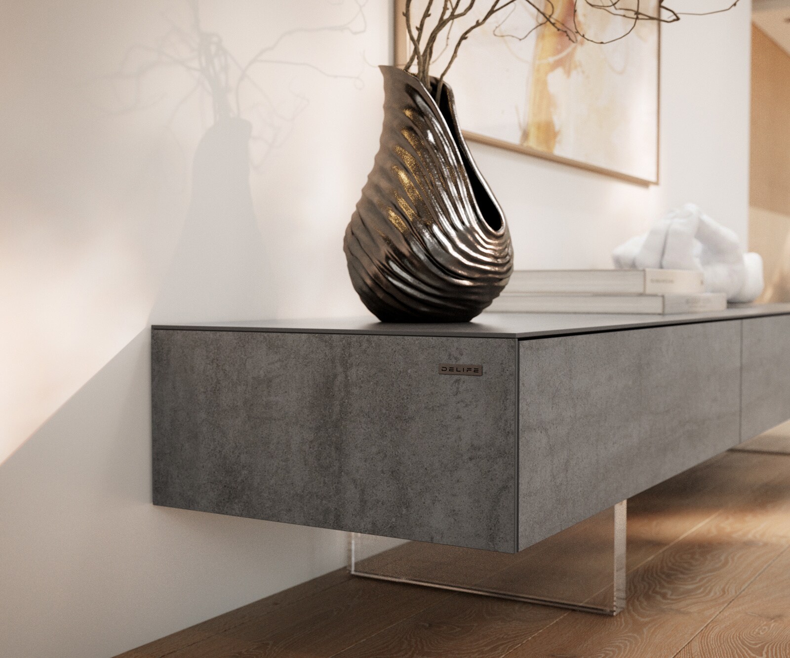 Tv-meubel Cuor 200 cm Keramiek Beton Grijs 1 Flap 1 Laden Zwevende voet look Acrylglas 6