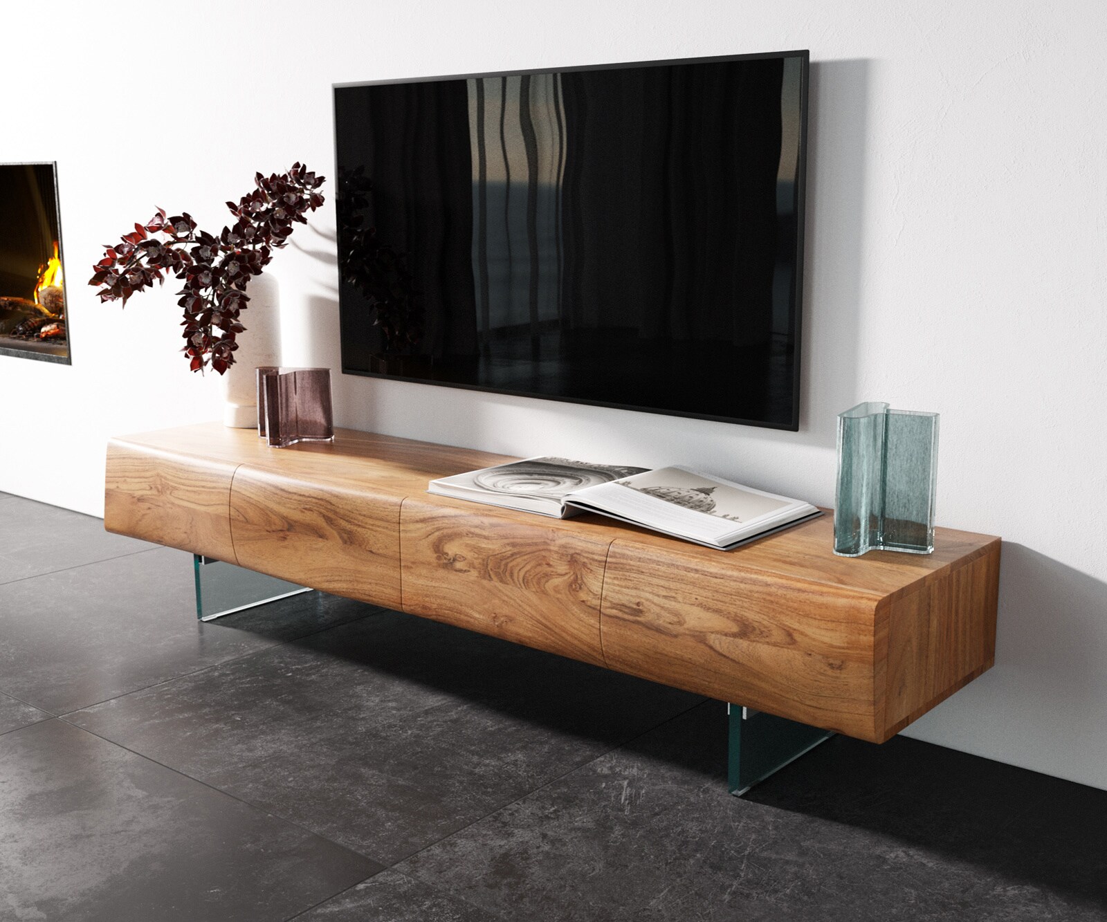 TV-meubel New Live-Edge 175 cm acacia natuur 4 deuren glazen voet