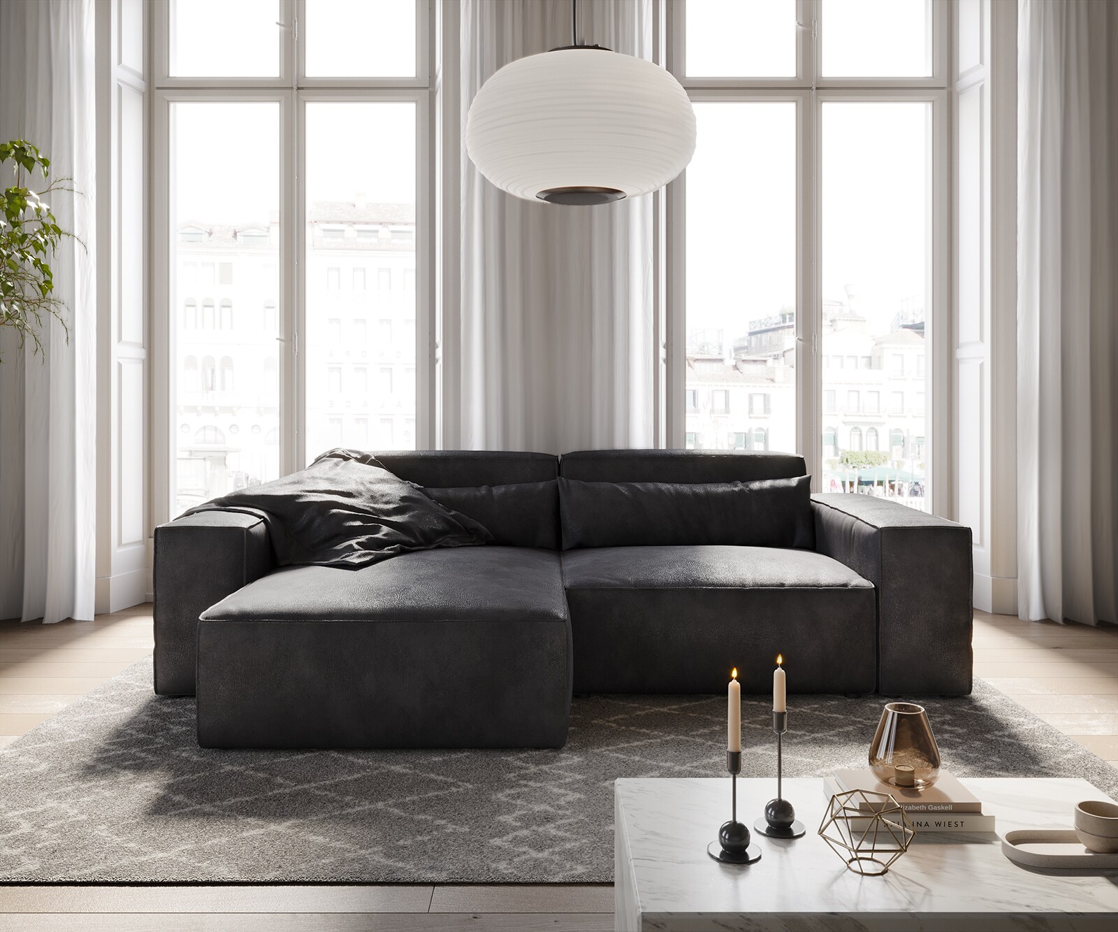 Hoekbank Sirpio 230x155 cm kunstleer vintage antraciet recamiere variabele 1