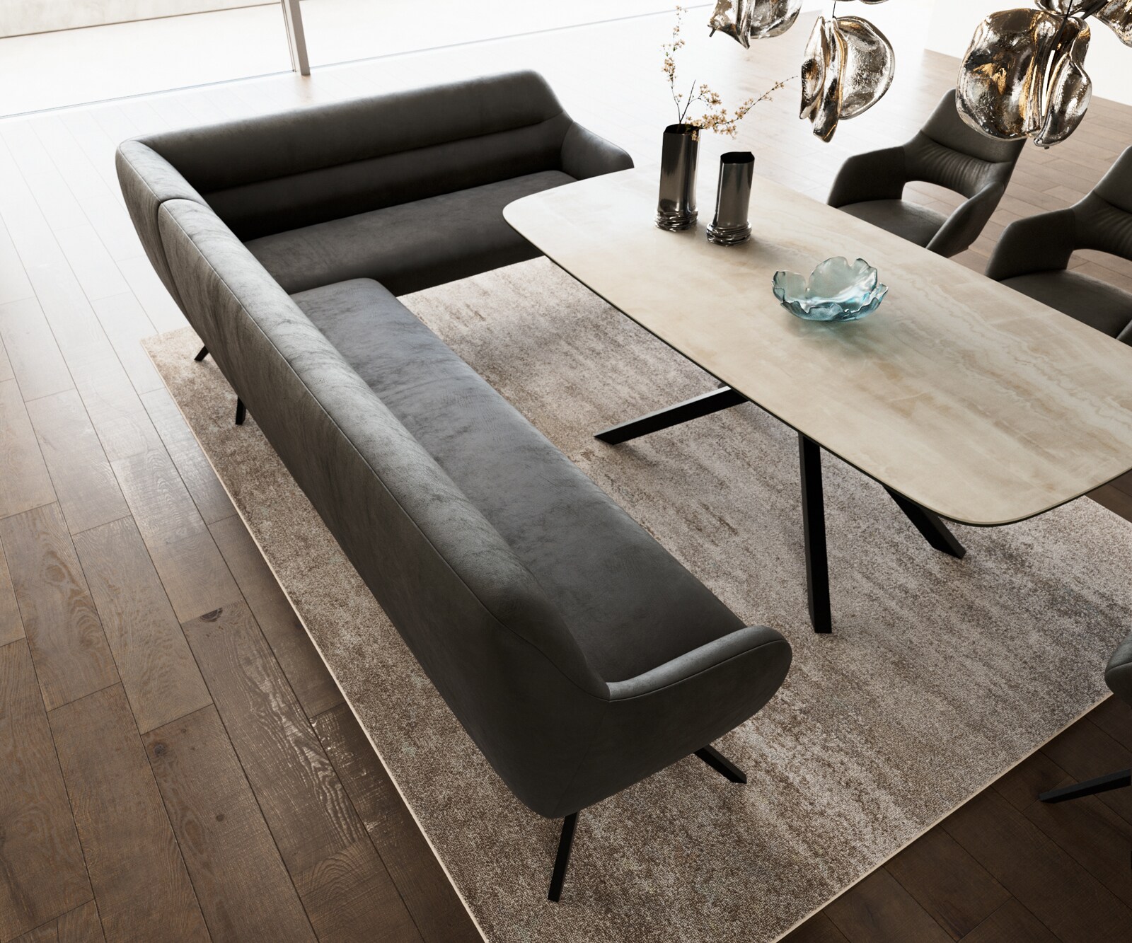 Eetkamerbank Taya-Flex 285x190 cm microvelours anthraciet vintage hoekig kruisframe zwart pocketvering links 4