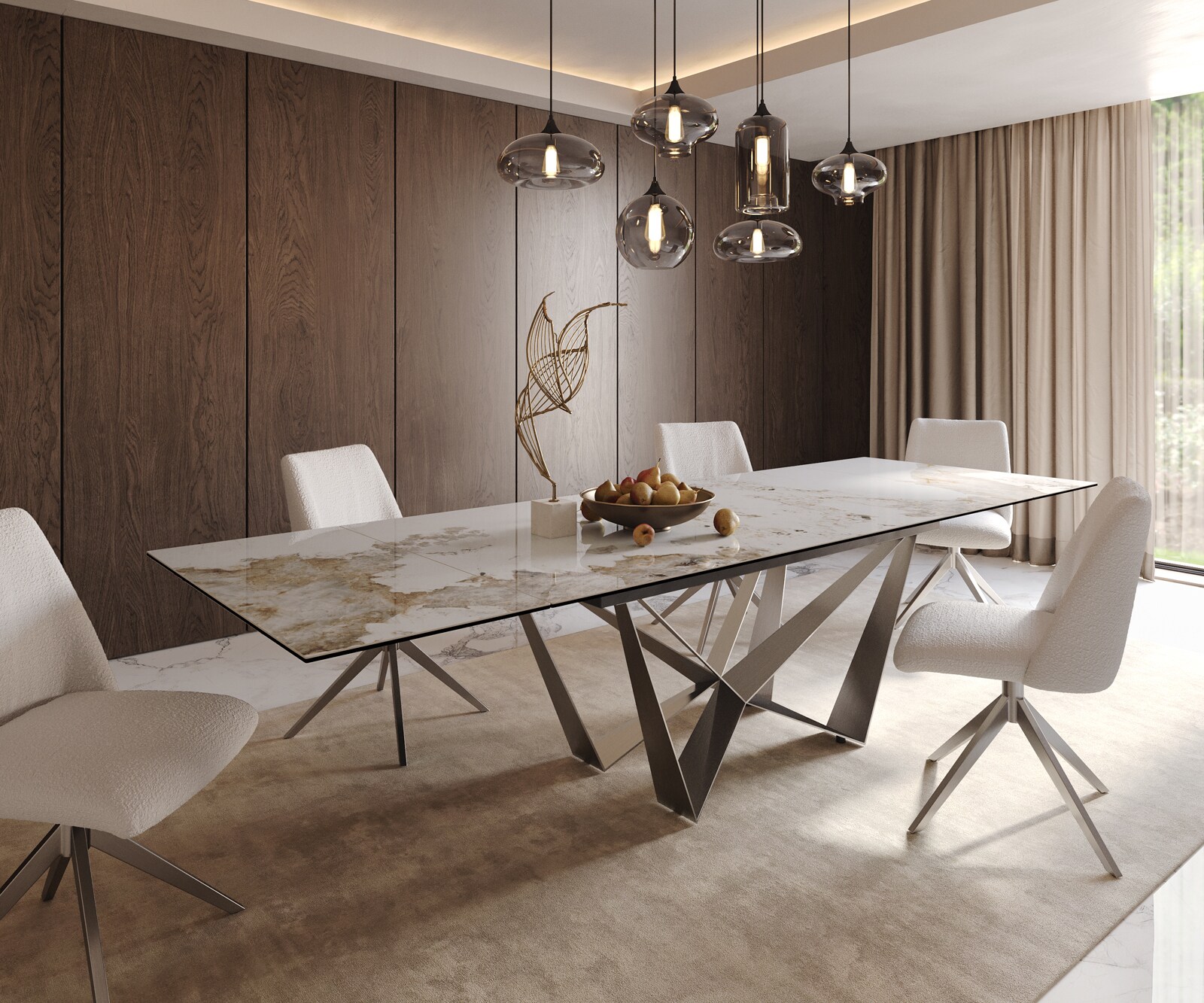 Eetkamertafel Edge 200-300x100 keramiek Minas Melange wit-beige spider vlak staal RVS uitschuifbaar 1