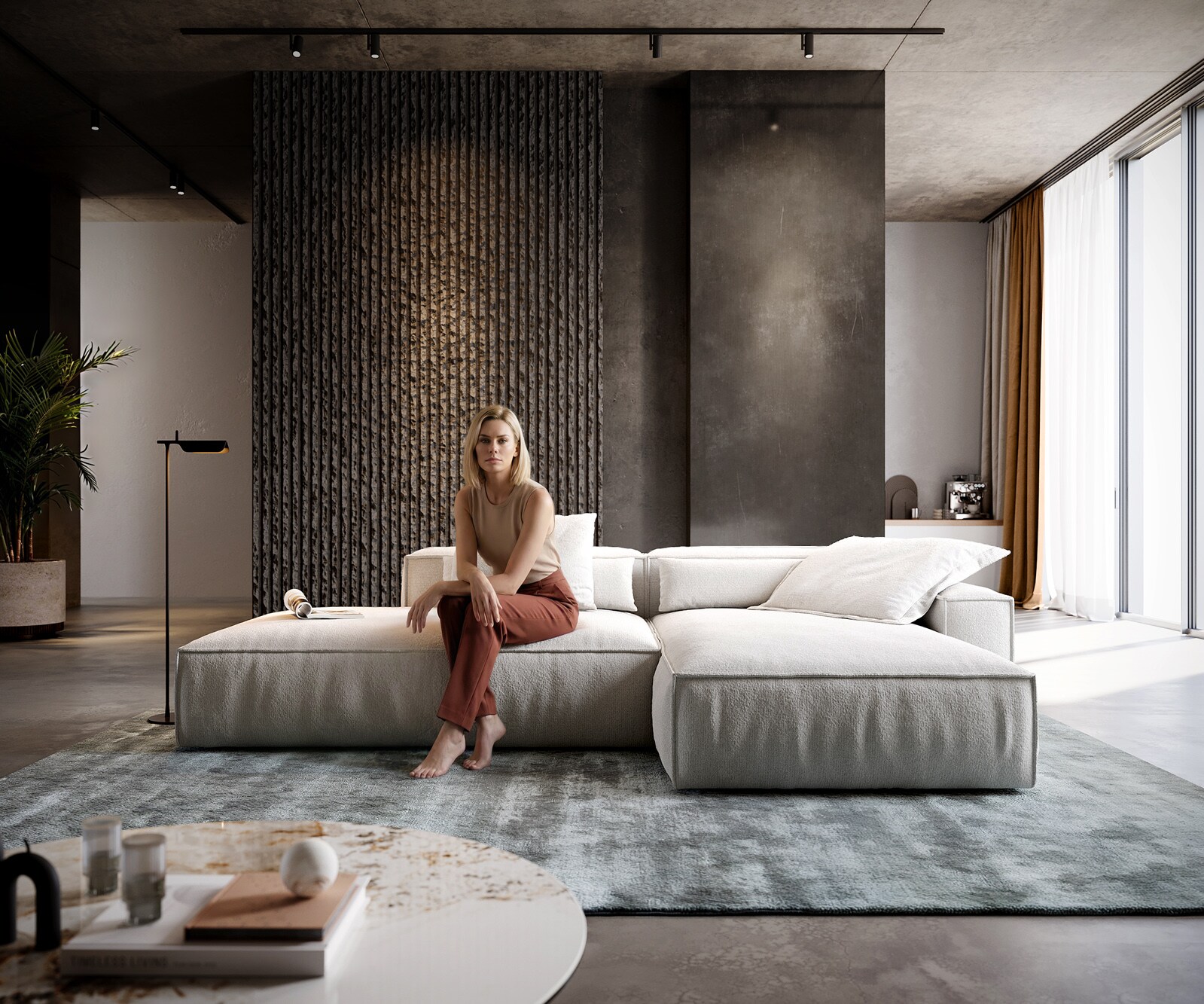 Hoekbank Freestyle 310x200 cm Bouclé zacht Beige kedernaad 1