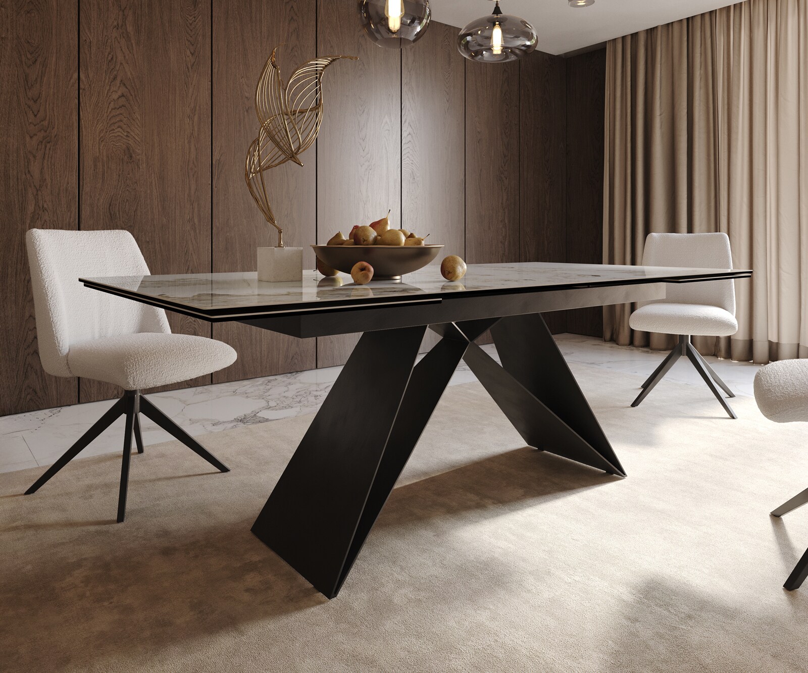 Eetkamertafel Edge 200-300x100 keramiek Minas Melange wit-beige V-frame vlak staal zwart uitschuifbaar 6