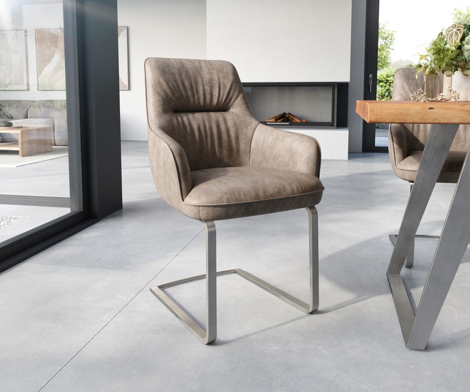 Sledemodel Zelia-Flex met armleuning microvelours taupe vintage sledemodel vlak roestvrij staal pocketveer kern
