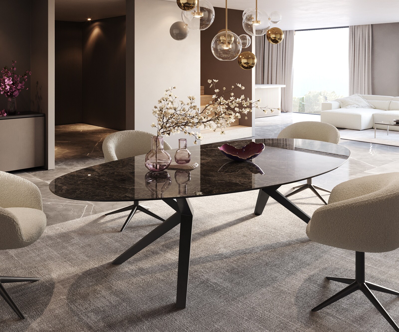 Eetkamertafel Edge ovaal 280x130 keramiek Laminam®Emperador Extra Lucidato donkerbruin Zenthara hoekig metaal zwart