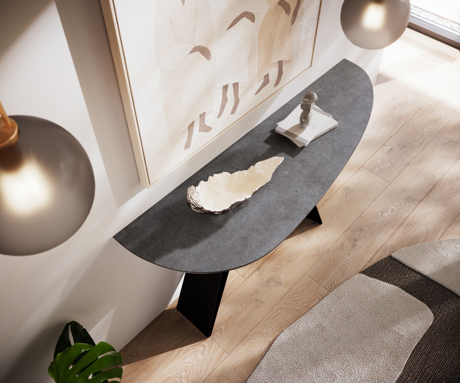 Consoletafel Edge Oval 140x40 cm Keramiek Beton Grijs Velio Metaal Zwart 4