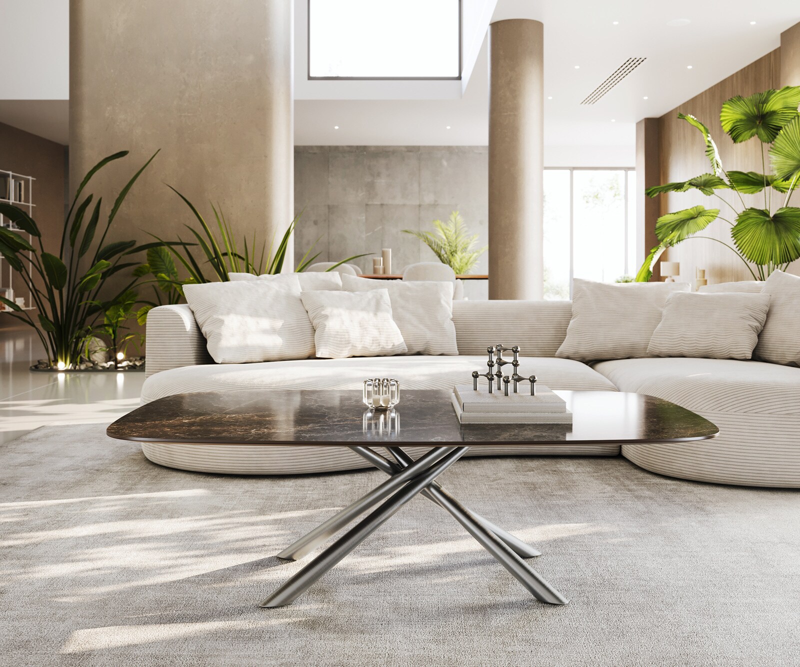 Salontafel Edge Boot 140x80 cm keramiek Laminam® Emperador Extra Lucidato donkerbruin Sarity geborsteld roestvrij staal 2