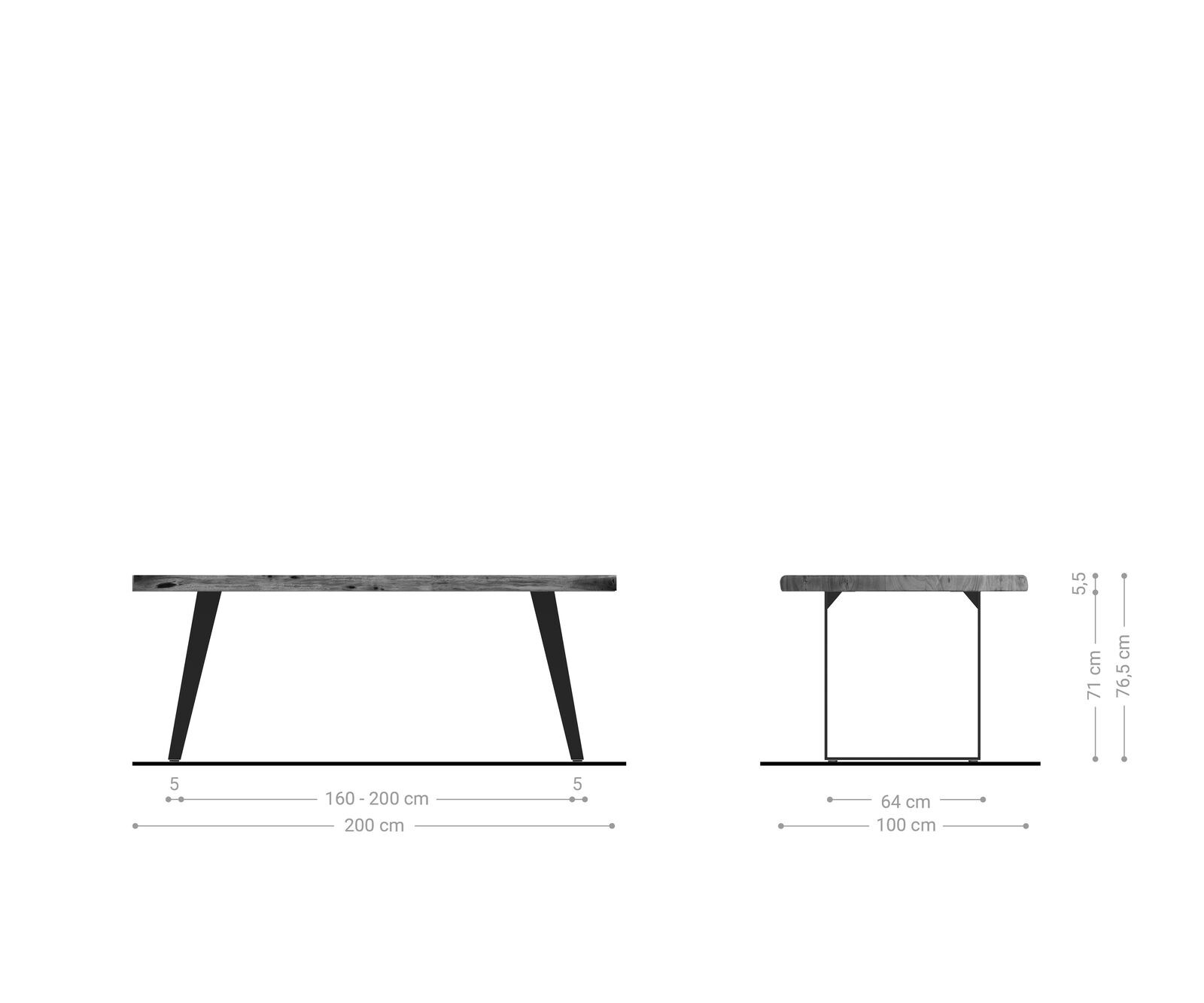 Eettafel Edge 200x100 XL acacia bruin roestvrijstaal schuin Live-Edge 5