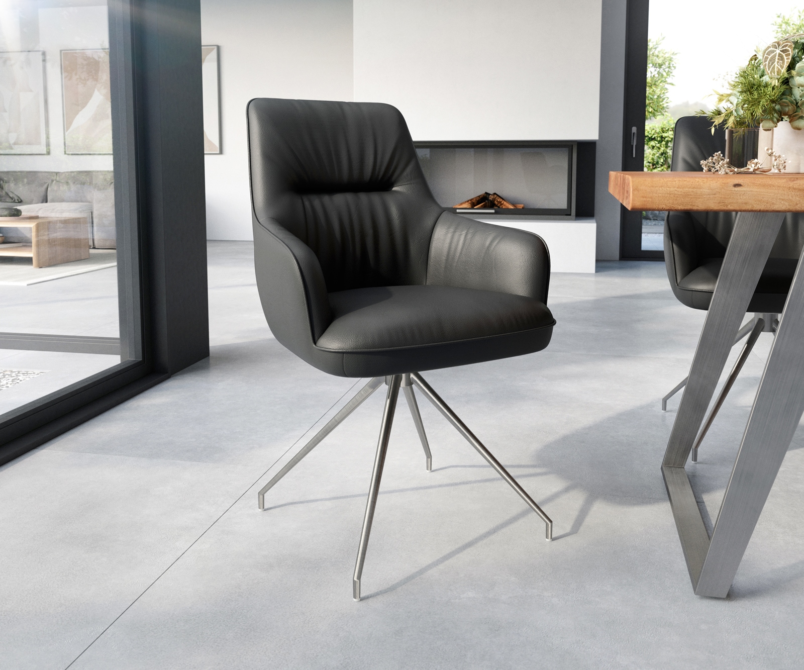 Eetkamerstoel Zelia-Flex met armleuning echt leer zwart kruisframe conisch roestvrij staal pocketveer kern Eetkamerstoel Zelia-Flex met armleuning echt leer zwart kruisframe conisch roestvrij staal pocketveer kern