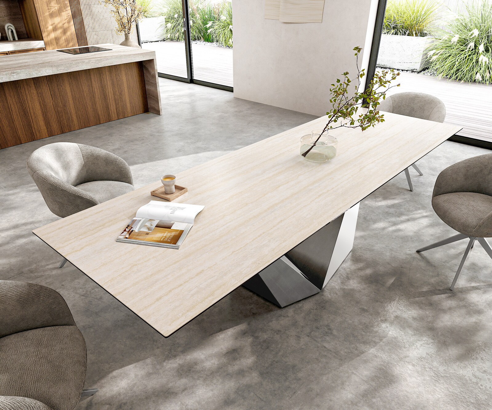 Eettafel Edge 300x100 keramiek  Laminam® Travertino Bianco Creme-wit Prisma metaal zilver 4