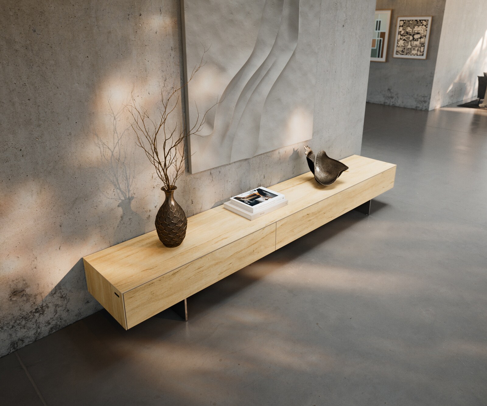 Tv-meubel Cuor 250 cm Keramiek Laminam® Sabbia Eiken gekleurd 1 Flap 1 Lade Zwevende voet look Roestvrij staal 3