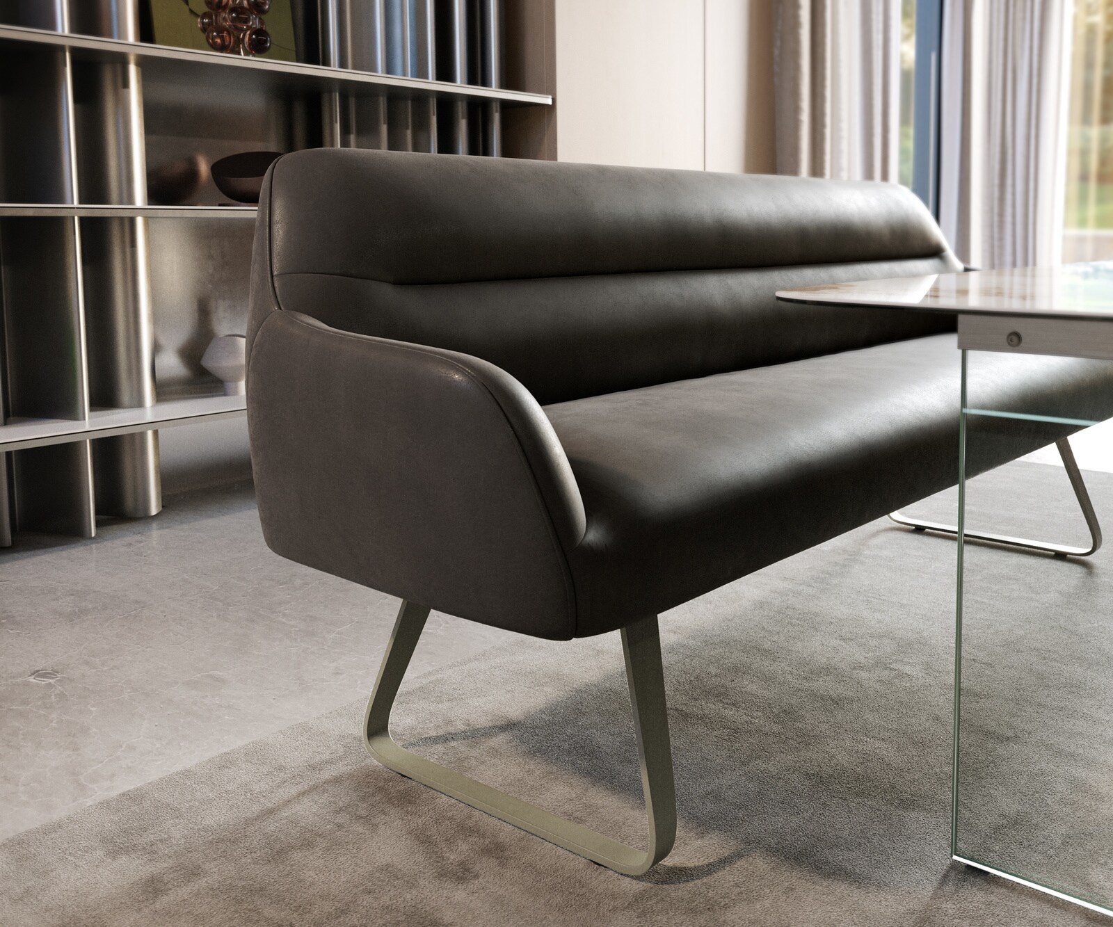 Eetkamerbank Taya-Flex 200 cm microvelours anthraciet vintage platte sledebasis afwerking met titaniumeffect pocketvering 4