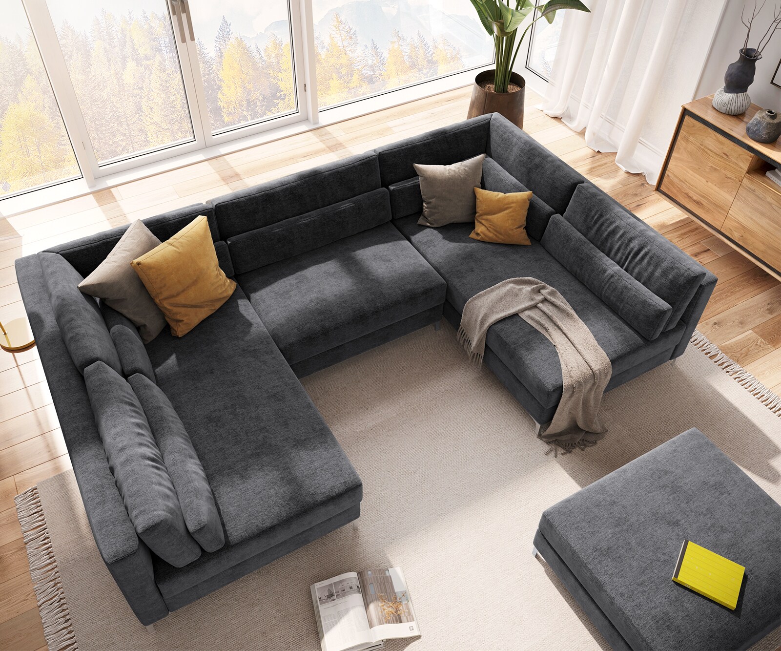 Woonlandschap Elio 300x185 cm microvezel grafiet met poef 3