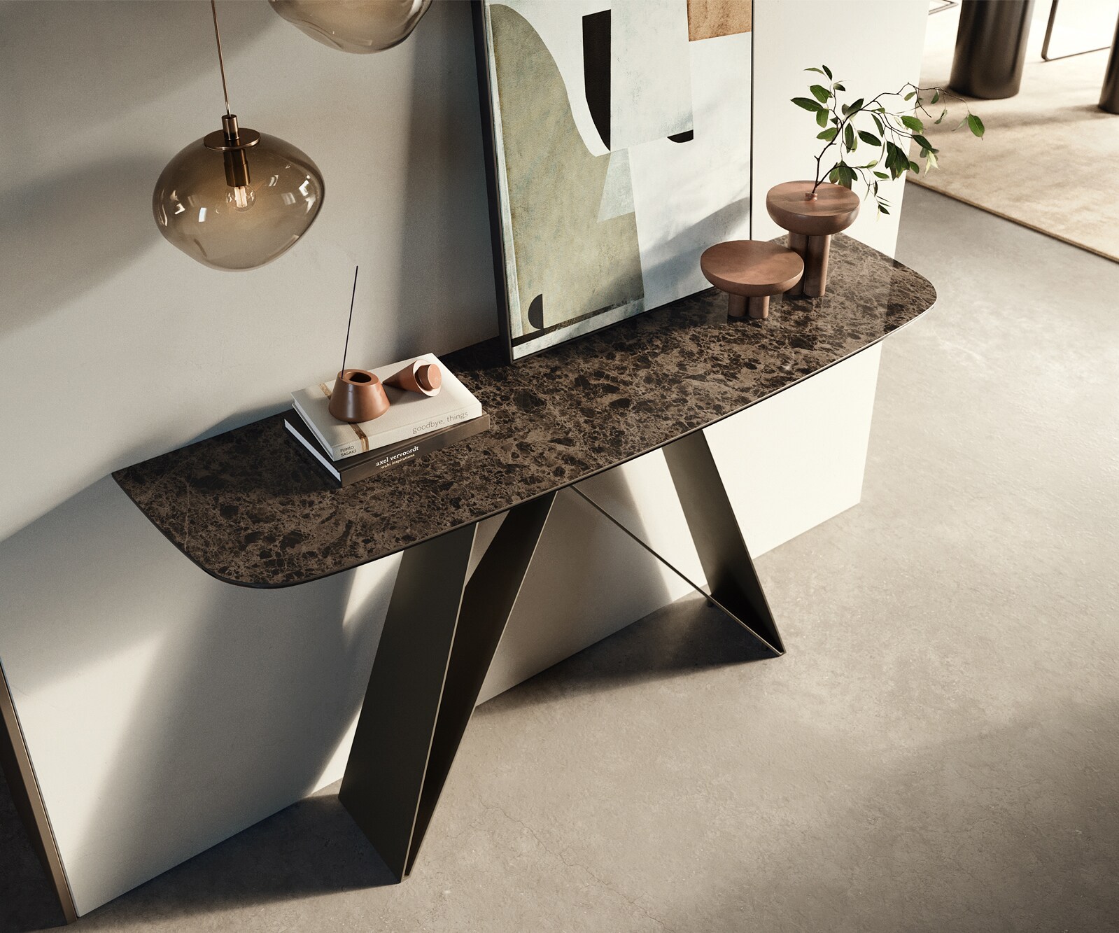 Consoletafel Edge Bootvorm 140x40 cm Keramiek Emperador Extra Lucidato Dunkelbraun Velio Metaal Effektfinish Titan 1