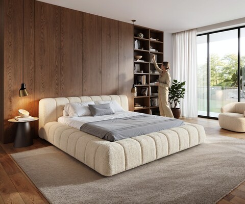 Gestoffeerd bedframe Cutio 180x200 cm Teddystof Beige