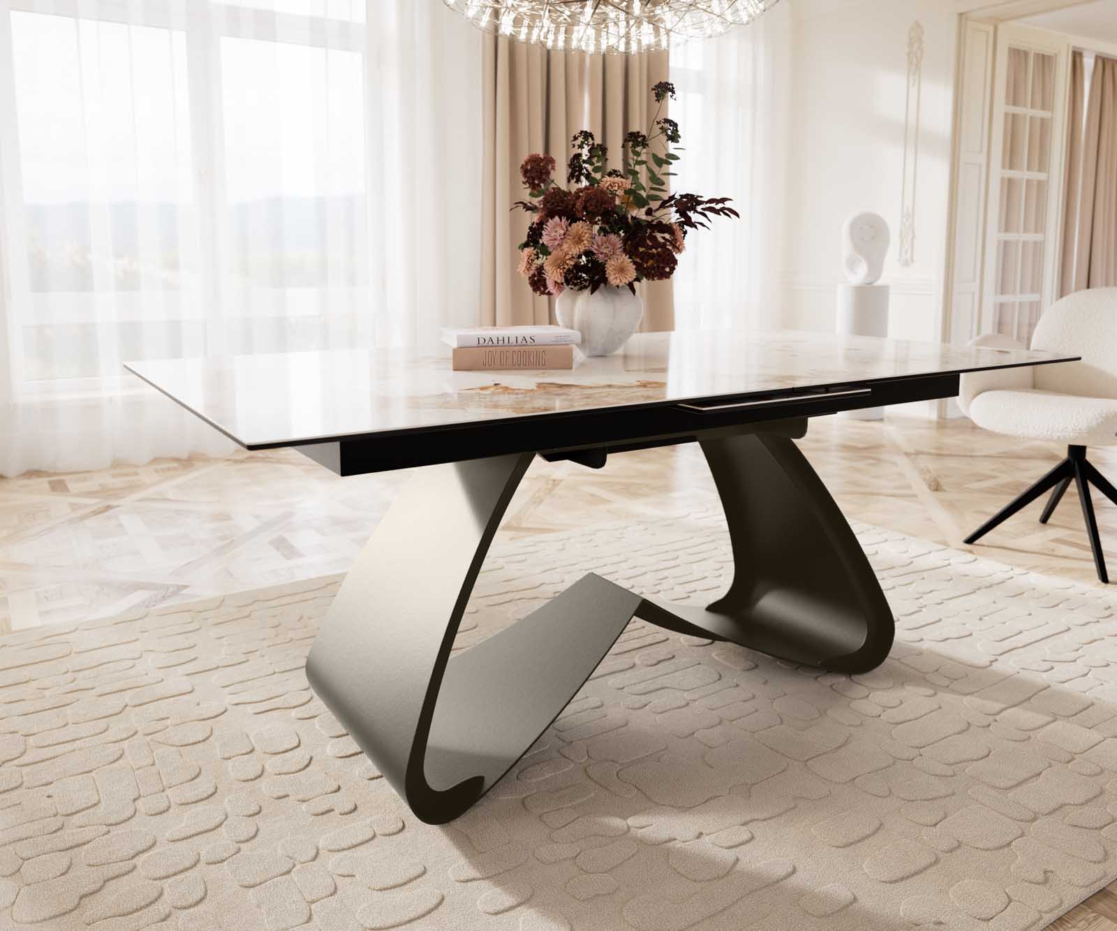 Eettafel Edge 180-220x100 keramiek Minas Melange wit-beige W-frame effect afwerking titanium Uitschuifbaar 6 Eettafel Edge 180-220x100 keramiek Minas Melange wit-beige W-frame effect afwerking titanium Uitschuifbaar 6