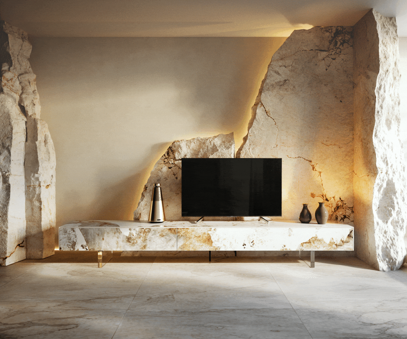 Tv-meubel Cuor 250 cm Keramiek Minas Melange Wit-beige 1 Flap 1 Lade Zwevende voet look Acrylglas 5