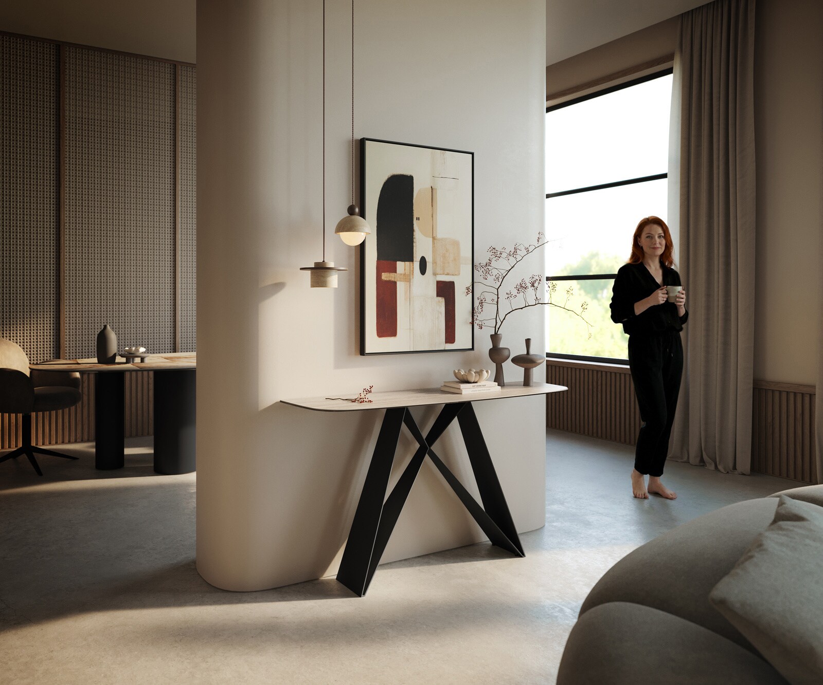 Consoletafel Edge Bootvorm 140x40 cm Keramiek Laminam® Travertino Bianco Creme-Weiß Velio Metaal Zwart 7