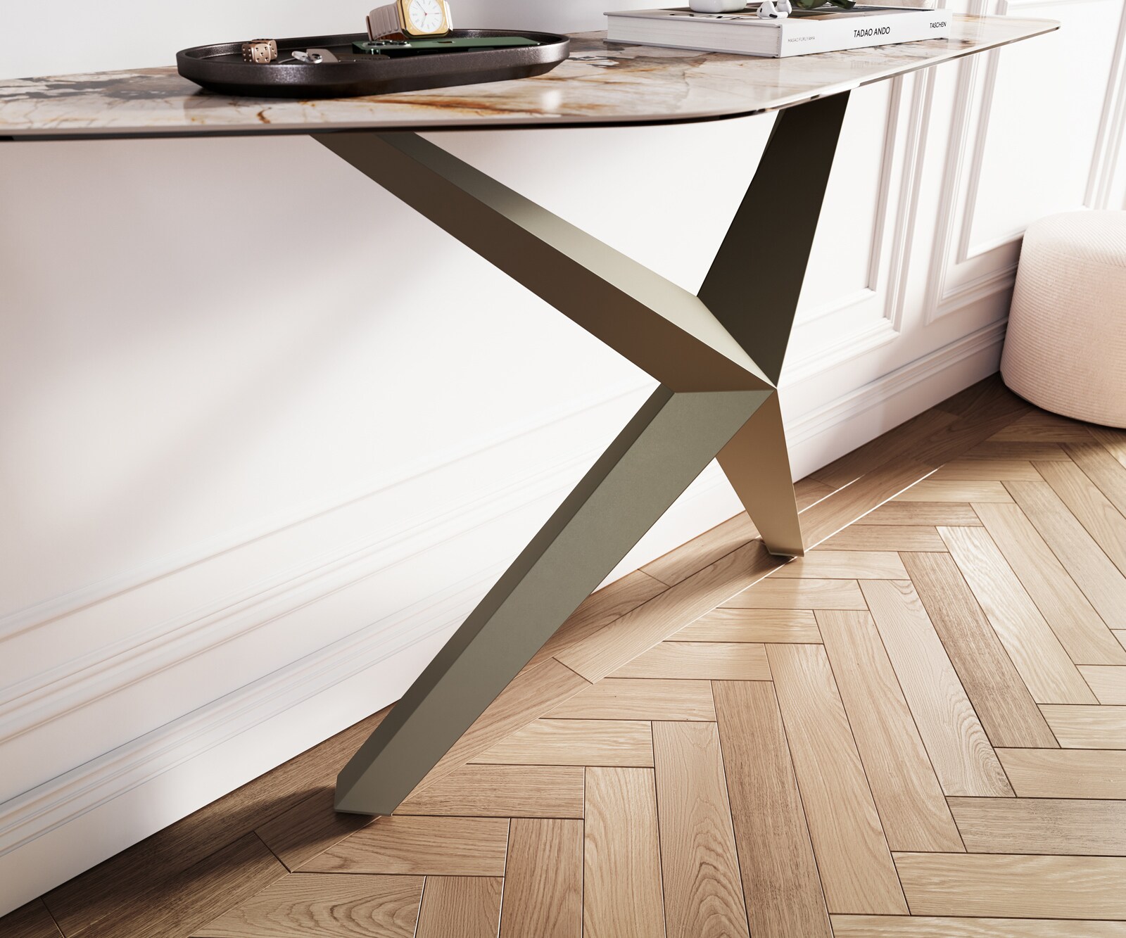 Consoletafel Edge Polygonaal 140x50 cm Keramiek Patagonia Poliert Zentharo Metaal Effektfinish Titan 6