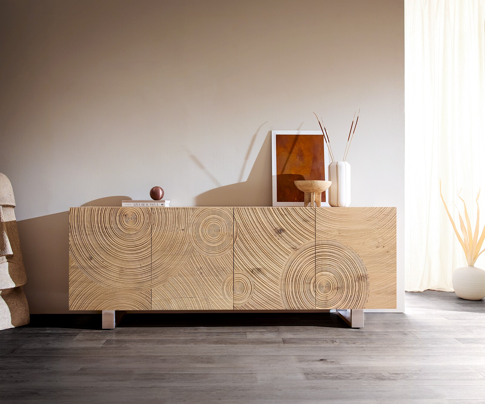 Dressoir Ashara 200 cm eiken natuur 3D-effect 4 deuren glijvoeten geborsteld RVS