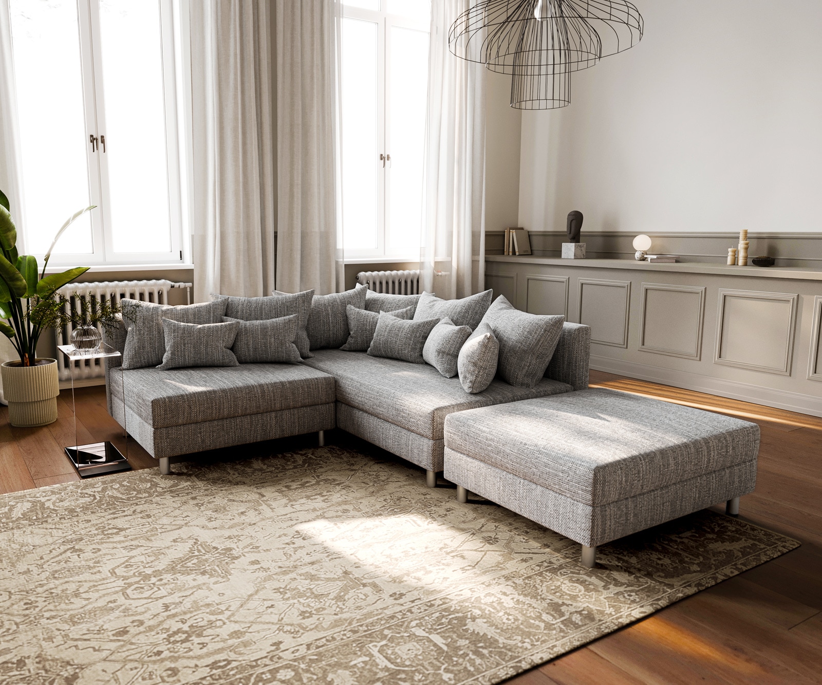 Hoekbank Clovis lichtgrijze structuur hocker rechts module bank Hoekbank Clovis lichtgrijze structuur hocker rechts module bank