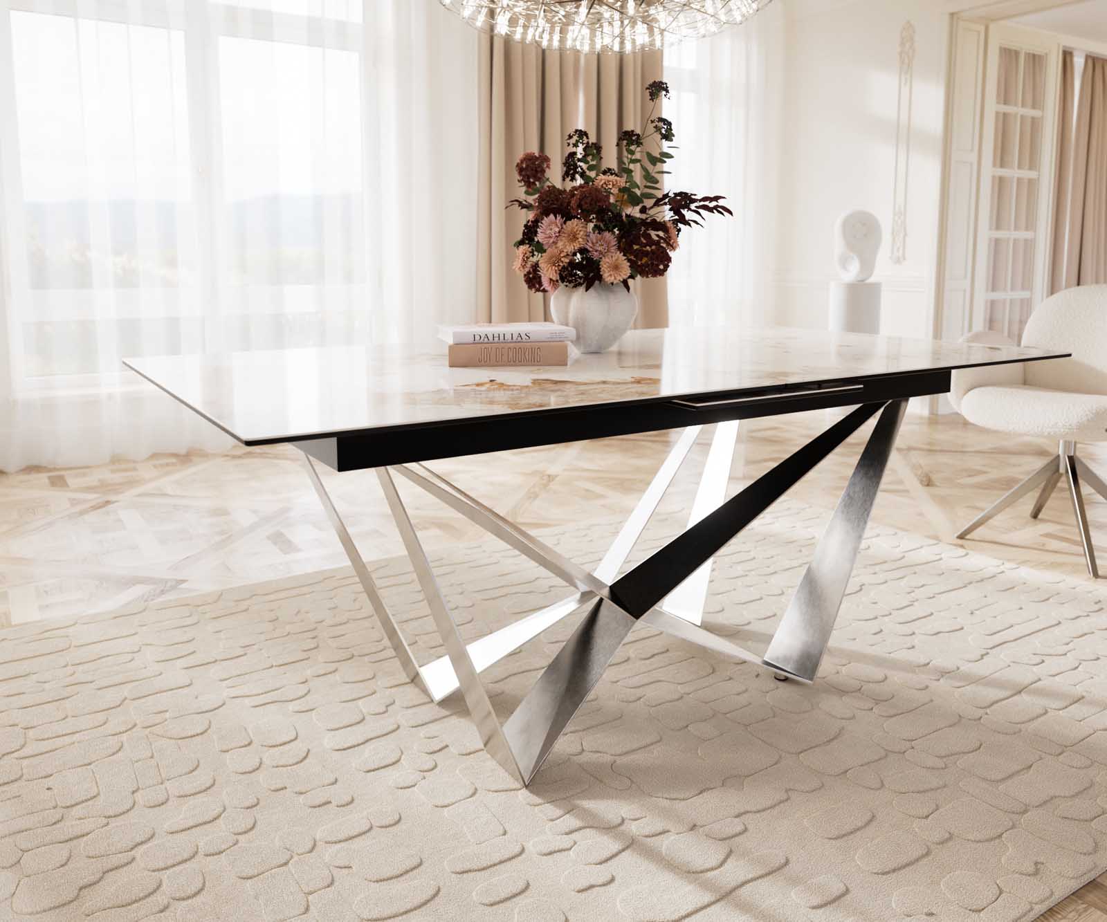 Eetkamertafel Edge 180-220x100 keramiek Minas Melange wit-beige spider vlak staal RVS uitschuifbaar 6 Eetkamertafel Edge 180-220x100 keramiek Minas Melange wit-beige spider vlak staal RVS uitschuifbaar 6