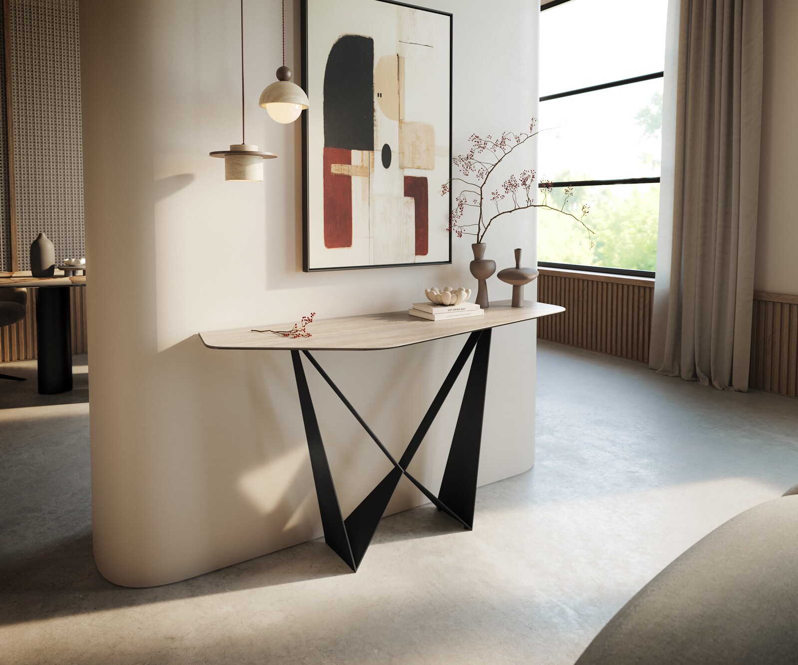Consoletafel Edge Polygonaal 140x50 cm Keramiek Laminam® Travertino Bianco Creme-Weiß Spios Metaal Zwart 1