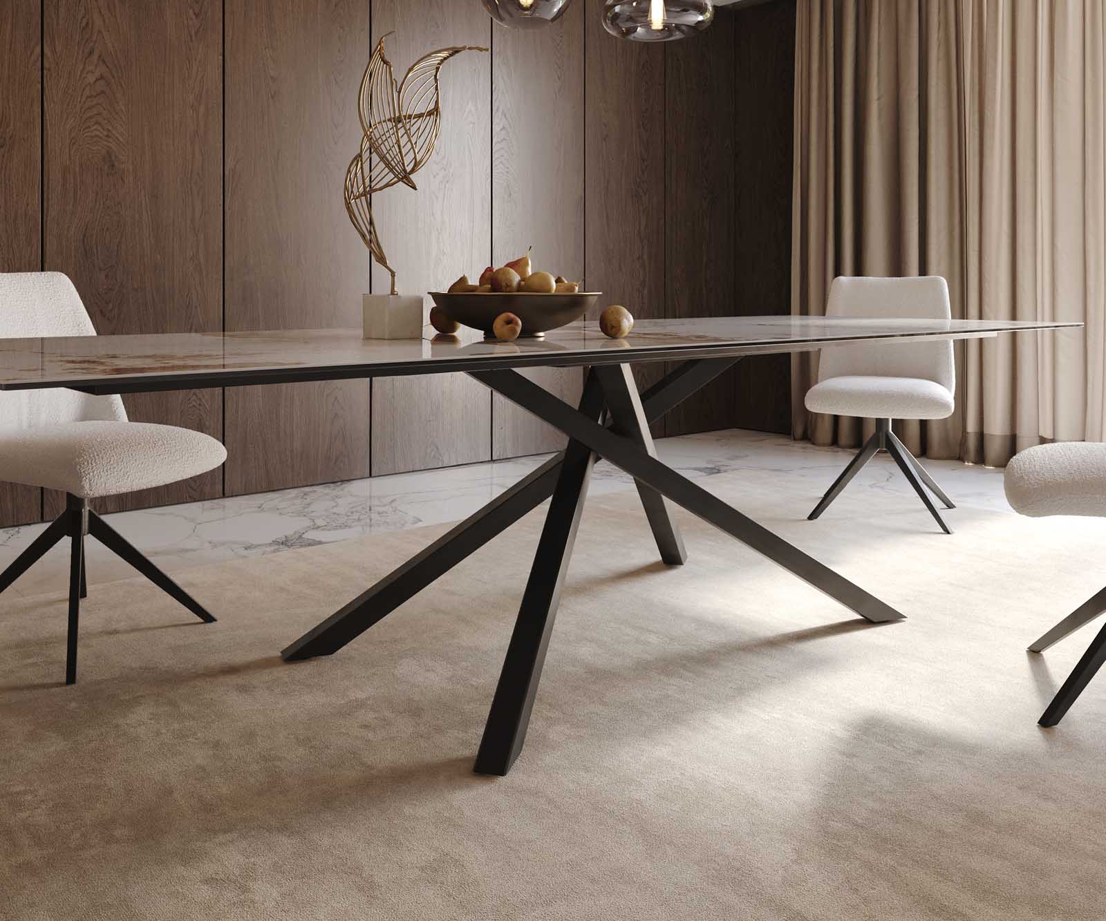 Eetkamertafel Edge 300x100 keramiek Minas Melange wit-beige kruisframe rechthoek zwart 6