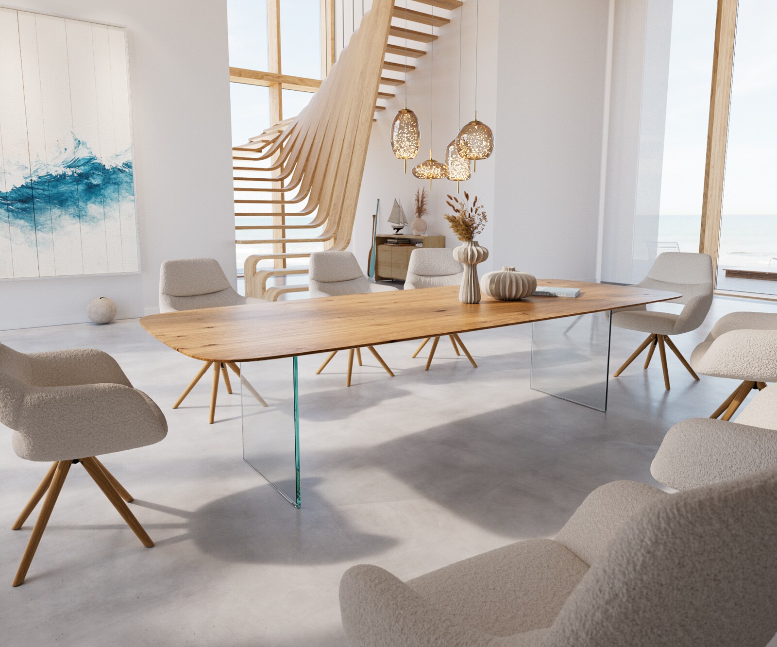 Eettafel Edge Boot 300x120x2,5-3 eiken natuur glas Schweizer Kante 1