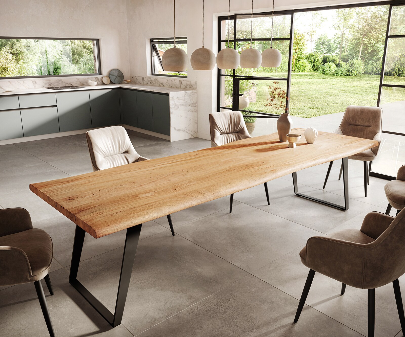 Eettafel Edge 300x100 XL acacia natuur metaal schuin Live-Edge